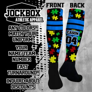 Custom Athletic Knee High Socks Autism Personalized  Sports Team Baseball Soccer Softball Basketball Football Volleyball Lacrosse Wrestling
