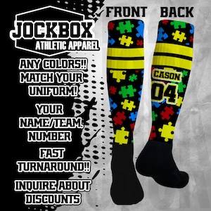 Custom Athletic Knee High Socks Autism Personalized  Sports Team Baseball Soccer Softball Basketball Football Volleyball Lacrosse Wrestling