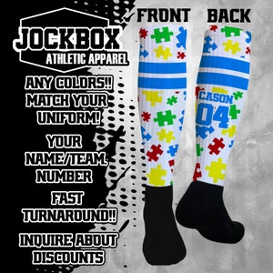 Custom Athletic Knee High Socks Autism Personalized  Sports Team Baseball Soccer Softball Basketball Football Volleyball Lacrosse Wrestling