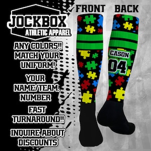 Custom Athletic Knee High Socks Autism Personalized  Sports Team Baseball Soccer Softball Basketball Football Volleyball Lacrosse Wrestling