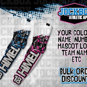 May include: Two arm sleeves with a black and white splatter design. One sleeve is blue with the name "HIMEL" and the number "18" in white. The other sleeve is pink with the same name and number. The text "JOCKBOX ATHLETIC APPAREL" is at the top of the image. The text "YOUR COLORS, NAME, NUMBER, MASCOT, LOGO, TEAM NAME, ETC" is in the middle of the image. The text "BULK ORDER DISCOUNTS" is at the bottom of the image.