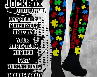 Custom Athletic Knee High Socks Autism Personalized  Sports Team Baseball Soccer Softball Basketball Football Volleyball Lacrosse Wrestling