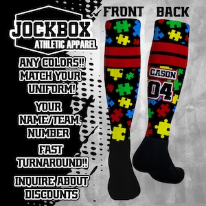 Custom Athletic Knee High Socks Autism Personalized  Sports Team Baseball Soccer Softball Basketball Football Volleyball Lacrosse Wrestling