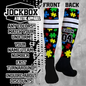 Custom Athletic Knee High Socks Autism Personalized  Sports Team Baseball Soccer Softball Basketball Football Volleyball Lacrosse Wrestling