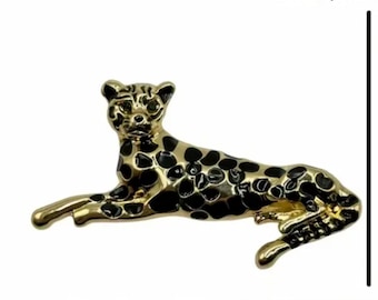 LEOPARD BROOCH Pin Brooch Cat Green Eye Rhinestone Black Enamel Tone Costume Jewelry