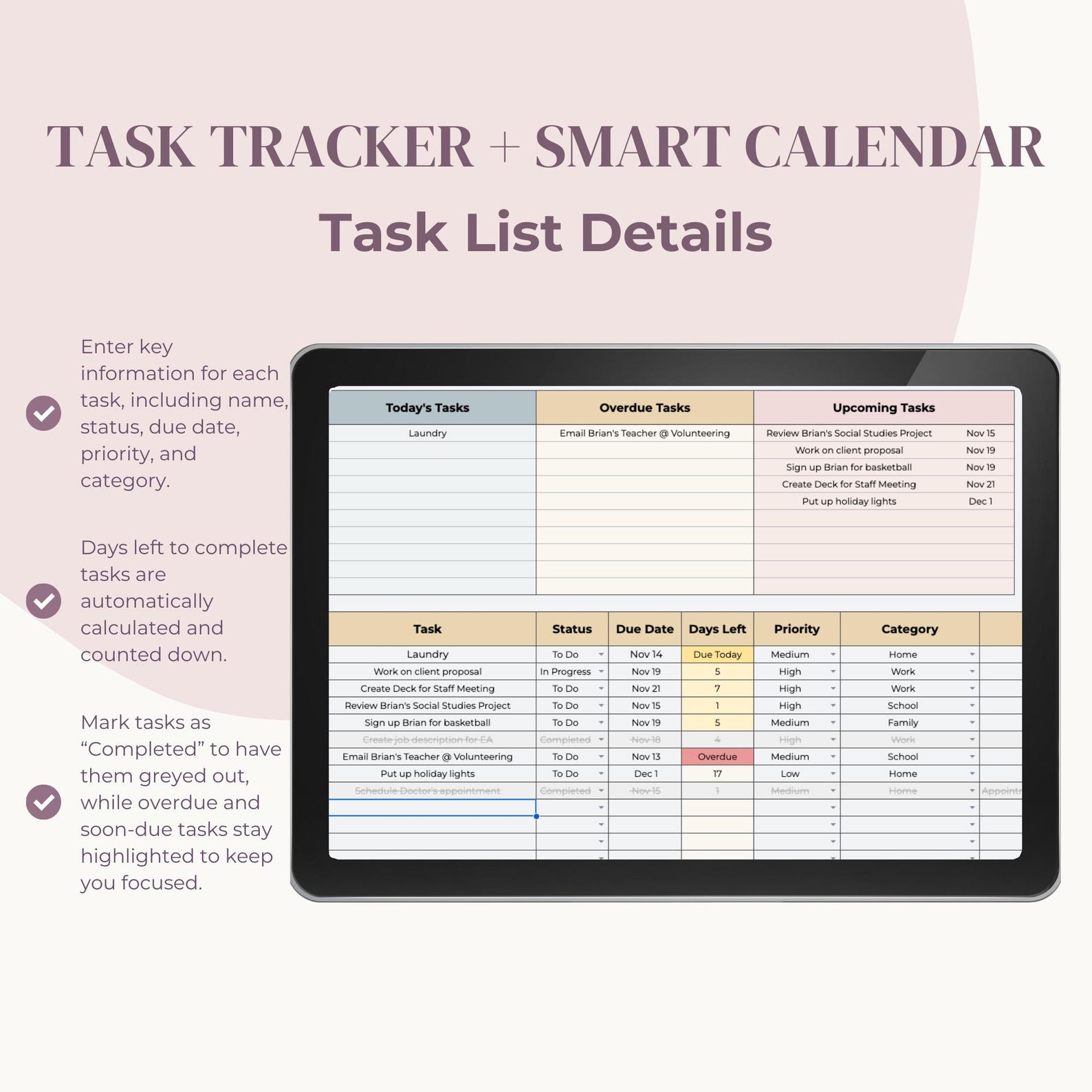 Google Sheet Task Manager | Task Tracker Spreadsheet | Smart Calendar ...