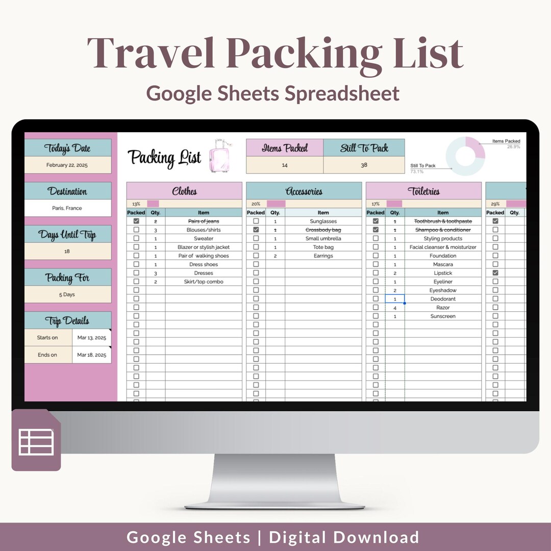 Travel Packing List for Google Sheets for Solo and Family Trips - Etsy