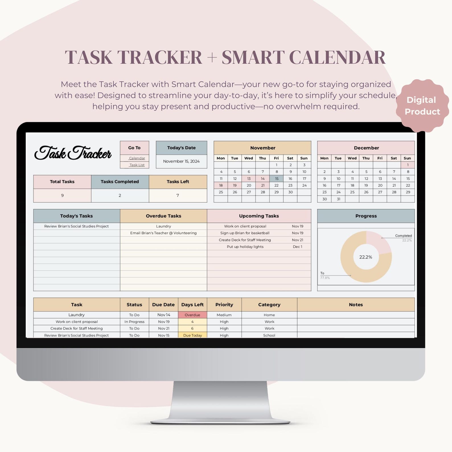Google Sheet Task Manager | Task Tracker Spreadsheet | Smart Calendar ...