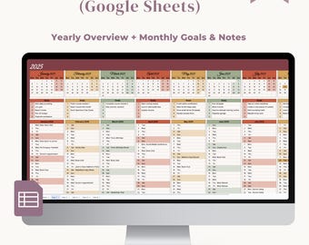 May include: A computer monitor displays a 5-Year At a Glance Calendar in Google Sheets. The calendar shows a yearly overview with monthly goals and notes. The text "INSTANT DOWNLOAD" is visible. The calendar includes 6 tabs and instructions.