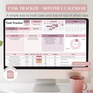 May include: A digital task tracker and monthly calendar displayed on a computer monitor. The interface features sections for today's tasks, overdue tasks, upcoming tasks, and a progress donut chart. Text includes TASK TRACKER + MONTHLY CALENDAR.