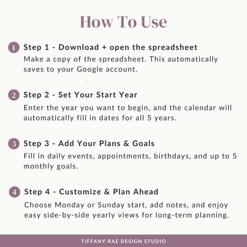 5 Year Calendar Google Sheets Template: Year at a Glance Planner ...
