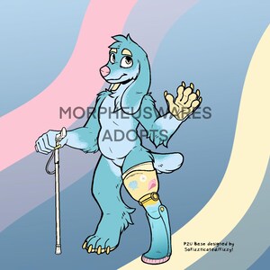 Könnte beinhalten: Cartoon-Illustration eines blauen, anthropomorphen, hundeähnlichen Charakters mit einem Stock und einem Beinprothese. Die Figur lächelt und winkt. Das Bild enthält den Text "MORPHEUSWARES ADOPTS".
