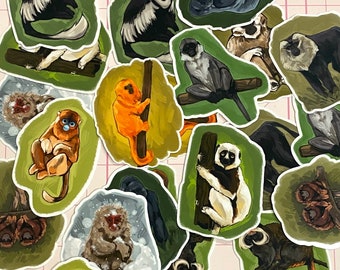 Puede incluir: Una colección de pegatinas coloridas con varias ilustraciones de monos. Las pegatinas muestran monos en diferentes poses, con una variedad de colores de pelaje, sobre fondos verdes y blancos. Las pegatinas son de diferentes tamaños y formas.