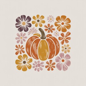 May include: A fall-themed illustration featuring a large orange pumpkin with a brown stem, surrounded by various flowers in shades of orange, yellow, pink, and purple. The design is set against a cream-colored background, evoking a warm, autumnal aesthetic.