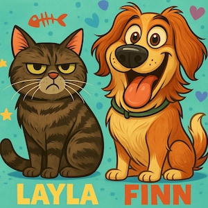 Funny Custom Pet Portrait – Cat & Dog Caricature Duo – Personalized Digital Cartoon Art from Photo - Great Gift For Pet Lovers