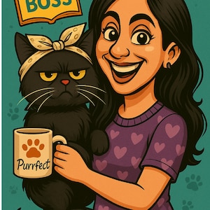 Custom Pet Caricature Portrait -  Funny Cat & Owner Cartoon Style - Personalized Digital Art From Photo - Great Gift For Pet Lovers