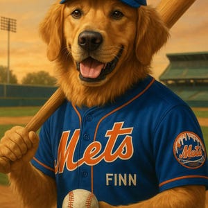 Custom Pet Portrait – Mets Baseball Player Style – Funny Dog Fan Art - Jersey & Name – Personalized Gift for Pet Owners Baseball Lovers