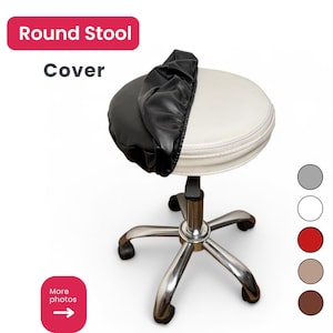 May include: A round stool with a white seat and a black cover partially covering it. The stool has a chrome-coloured, five-legged base. The text "Round Stool Cover" is in a red and black box.