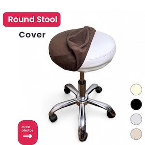 May include: A round stool with a white seat and a brown cover partially draped over it. The stool has a chrome-colored, five-star base with wheels. The text "Round Stool Cover" is in a red box at the top.