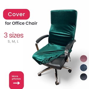 May include: Green velvet office chair cover with a zipper closure. The cover is shown on a black office chair with chrome arms and base. The image also shows three colour options: burgundy, dark blue, and light blue.