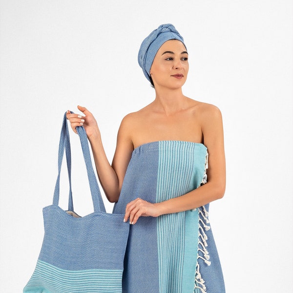 Towel Robes for Women, Spa Body Wrap with Hair Wrap & Tote, 100% Turkish Cotton Towel Wraps for Women with Velcro