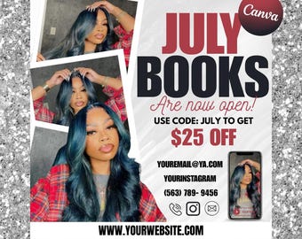 Juli Buchung Flyer | Sommer Buchen Hair Stylist Lash MUA-Business | 4.Juli Flyer | Bücher Öffnen |DIY Haar Flyer Canva Vorlage | Leinwand