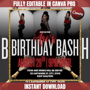 Red & Gold Birthday Bash Template | Canva Template | Birthday Party Invitation Flyer | Girl Birthday Flyer | Birthday Party Flyer
