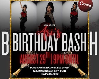 Rot & Gold Birthday Bash Template | Canva Vorlage | Geburtstags-Party Einladung Flyer | Mädchen-Geburtstags-Flieger | Geburtstags-Party-Flyer