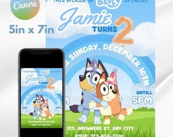Bearbeitbare Bluey Geburtstagseinladung | Blauer Hund Geburtstag einladen, blaue Welpen | Personalisierte Kindergeburtstag einladen | Digitale Partyeinladung