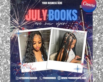 Juli-Buchungsflieger, 4. Juli-Buchungsflieger, Juli-Bücher, Juli-Haar-Flyer, Juli-Nägel-Flyer, Juli-Lashes-Flyer, Juli-Make-up-Flyer