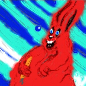 May include: A red rabbit with a large grin holds a carrot in its paws. The rabbit is sitting on a white and blue striped background.