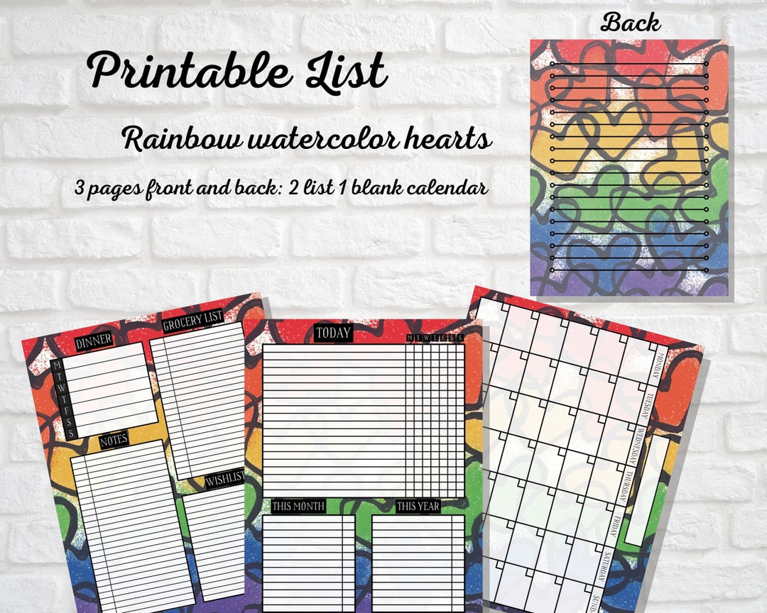 Rainbow Watercolor Hearts List and Blank Calendar, Today, This Month, This Year, Grocery List, Dinner, Wish List, Notes - Etsy rainbow-watercolor-hearts-list-and-blank-calendar-today-this-month-this-year-grocery-list-dinner-wish-list-notes-etsy