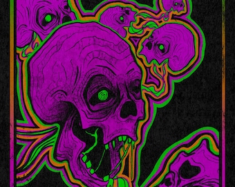 TRYCK - Psycho-delic, Black Light, 80-tal, 90-tal, Dödskallar