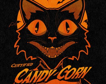 TRYCK - Candy Corn Kid, Svart katt, Halloween, Spöklik konst