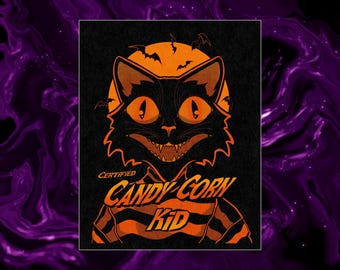 KLISTERMÄRKE - Candy Corn Kid, Svart Katt, Halloween-klistermärke, Spöklik konst