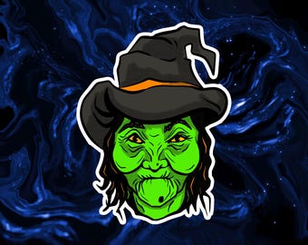 KLISTERMÄRKE - Halloweens ansikten: Häxa, läskigt klistermärke, vintage Halloween