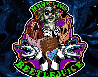 PEGATINA - Aquí yace Beetlejuice, Tim Burton, Gusano de arena, Terror, Halloween