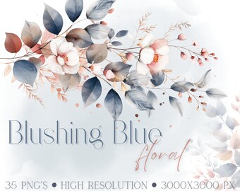 Blue Watercolor Floral Clipart: Elegant Wedding Invitation PNG (Digital Download)
