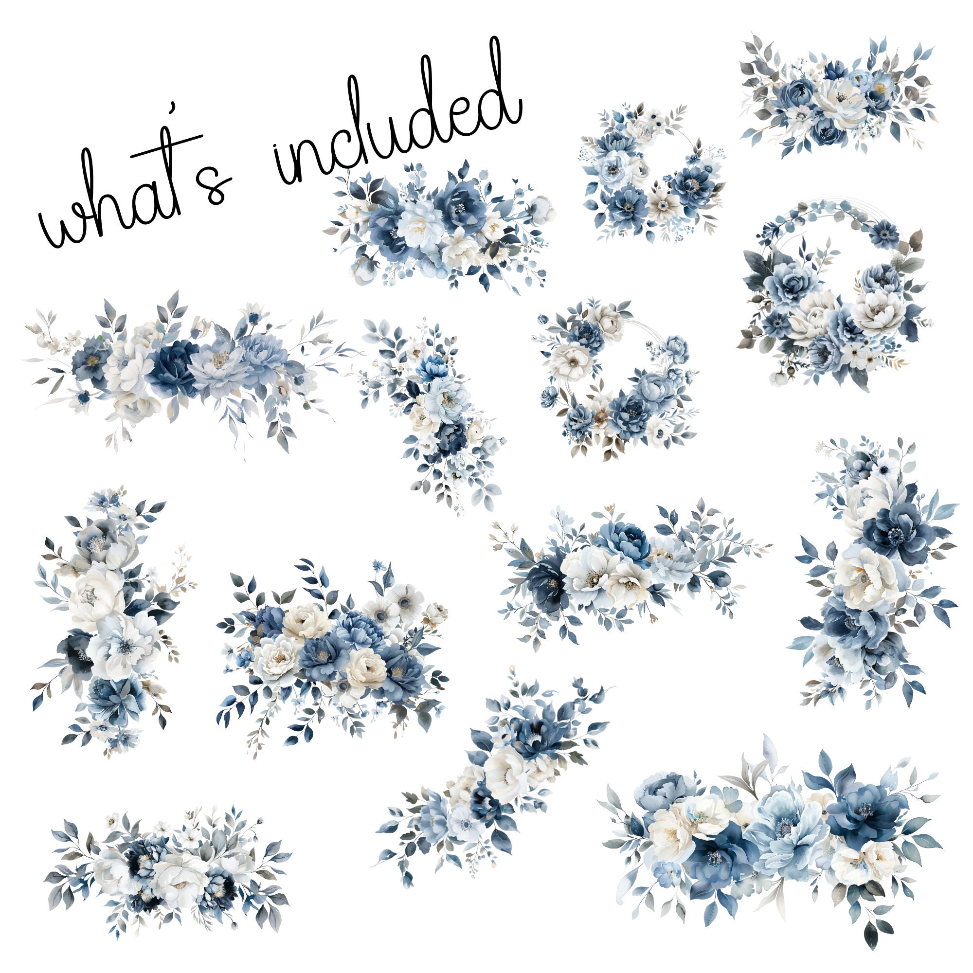 Dusty Blue Floral Watercolor Clipart: PNG Bouquet, Blue Roses (digital ...