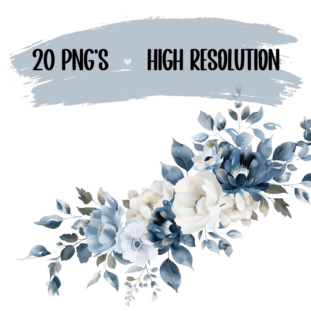 Dusty Blue Floral Watercolor Clipart: PNG Bouquet, Blue Roses (digital ...