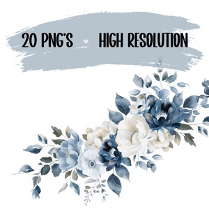 Clipart de acuarela floral azul polvoriento: ramo PNG de rosas azules (descarga digital)