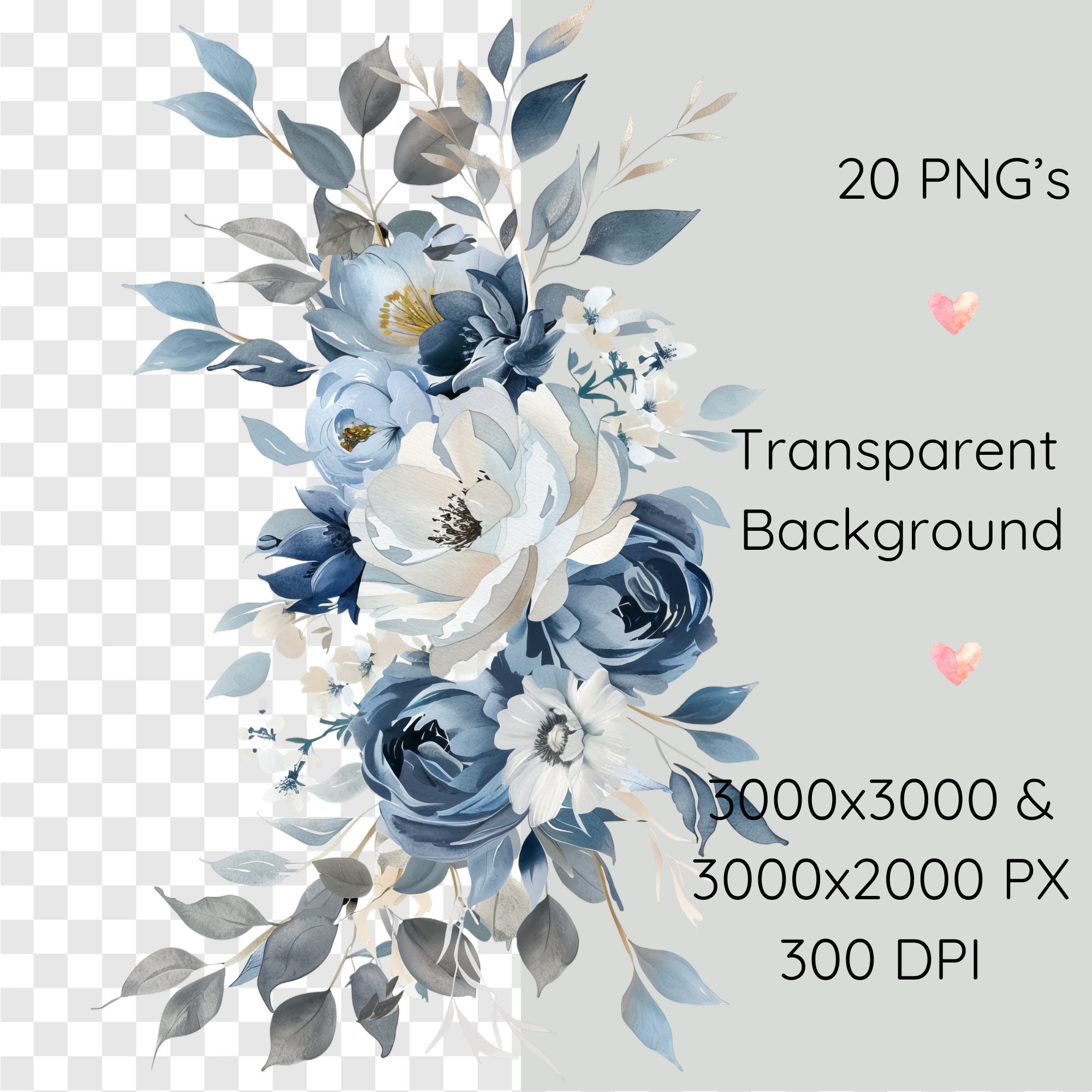 Dusty Blue Floral Watercolor Clipart: PNG Bouquet, Blue Roses (digital ...