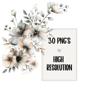 Aquarel beige en grijze bloemen clipart bruiloft graphics neutrale bloemen PNG premade clipart beige bloemen boeket PNG Instant Download