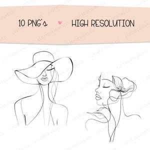 May include: Two line art illustrations of women's faces. The first illustration shows a woman wearing a wide-brimmed hat. The second illustration shows a woman with a flower growing from her head.