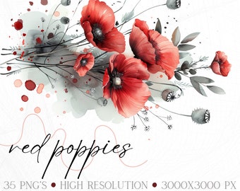 Watercolor Poppy Clipart Red Poppy PNG Red Floral Clipart Poppy PNG Red Poppy Clipart Red and Grey Flower Clipart Remembrance Day Clipart