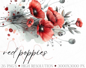 May include: Watercolor illustration of red poppies with gray and green accents. The image features a cluster of vibrant red flowers with delicate petals, set against a backdrop of gray watercolor washes and fine line drawings. The text "red poppies" is written in cursive.
