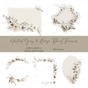 Può includere: Set di 18 cornici floreali di colore grigio neutro e beige con diverse forme, tra cui quadrata, rettangolare, rotonda e a forma di diamante. Le cornici sono decorate con delicati fiori e foglie ad acquerello. Le cornici sono 3000 x 3000 o 3000 x 2000 pixel.