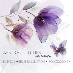 Lila Gold Tulpe Lila Schmetterling Lila Blumen Clipart Lila und Gold Clipart Goldakzent Lila Blume Abstrakte Blumen Aquarell Tulip