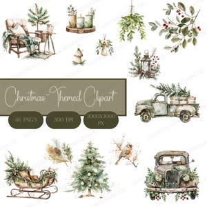 Cartão de Natal Clipart Natal PNG Download Digital Caminhão Vintage Coleção de Férias Aconchegantes Aquarela Arte Rústica
