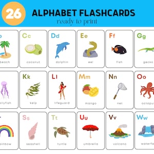 Tropische Hawaii inspiriert Alphabet Karteikarten, Printable Flash Karten, Hawaii Kinder, Montessori, Sofort Download, A-Z, ABC Karteikarten